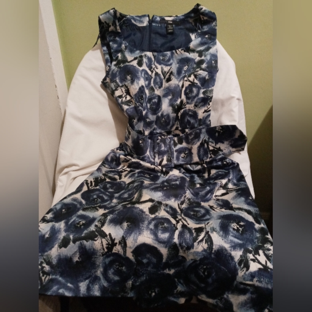 H&M Sleeveless Dark Blue Floral Belted Dress, Size- 4